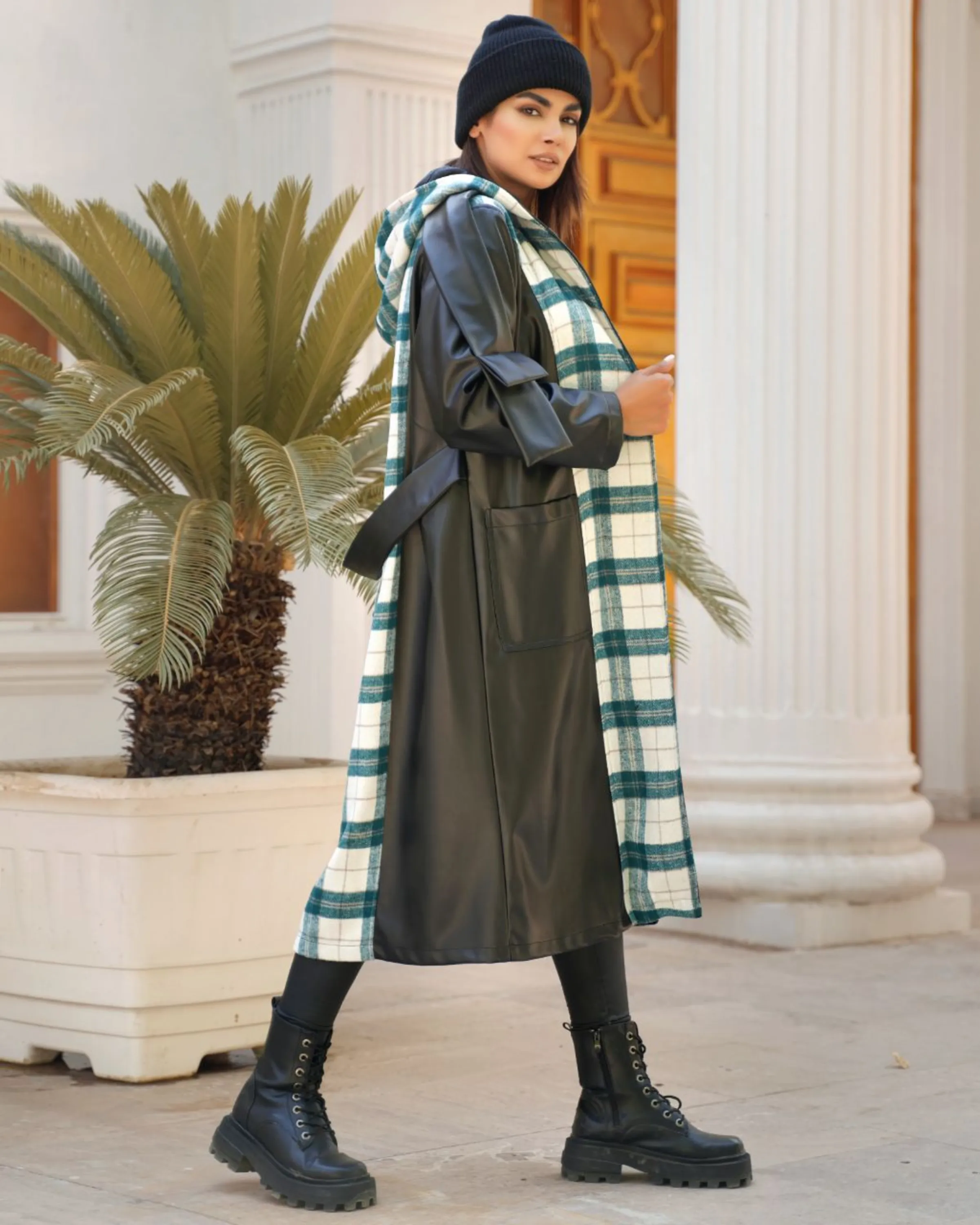 پالتو زنانه چرم ترکیبی