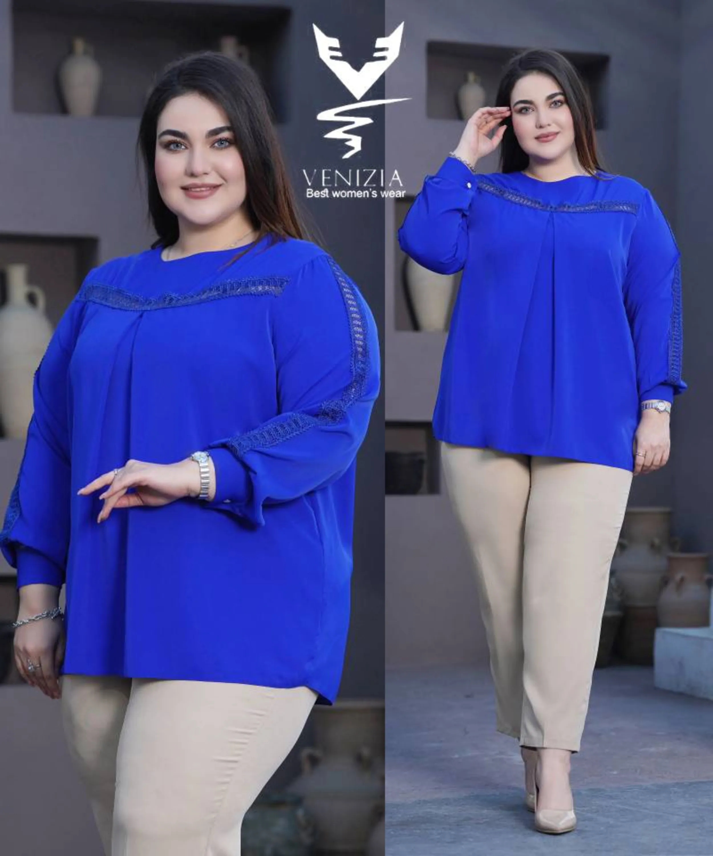 شومیز  سایزبزرگ  سینه و استین گیپور نواری