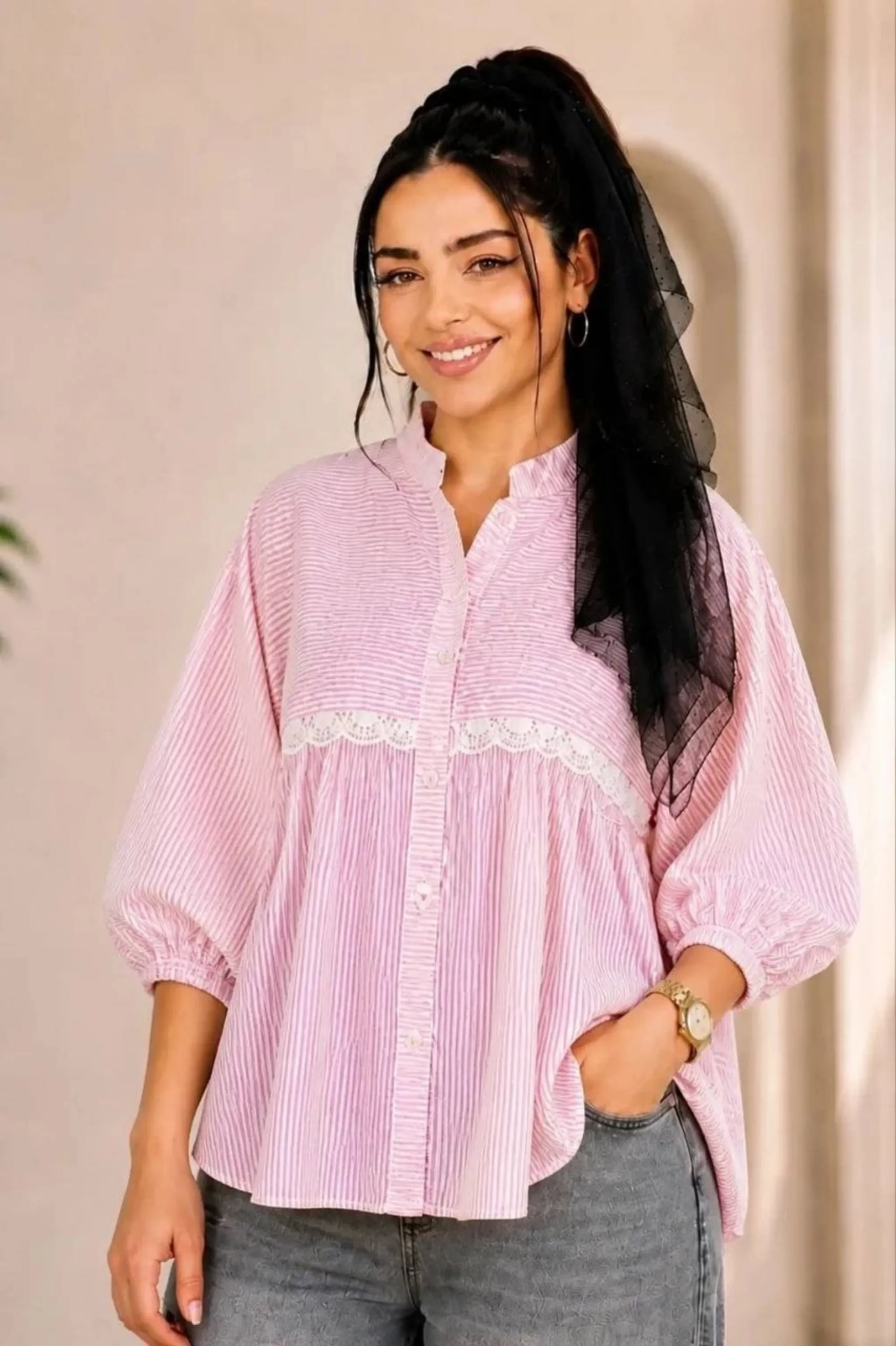 شومیز مانتویی نخ و گیپور