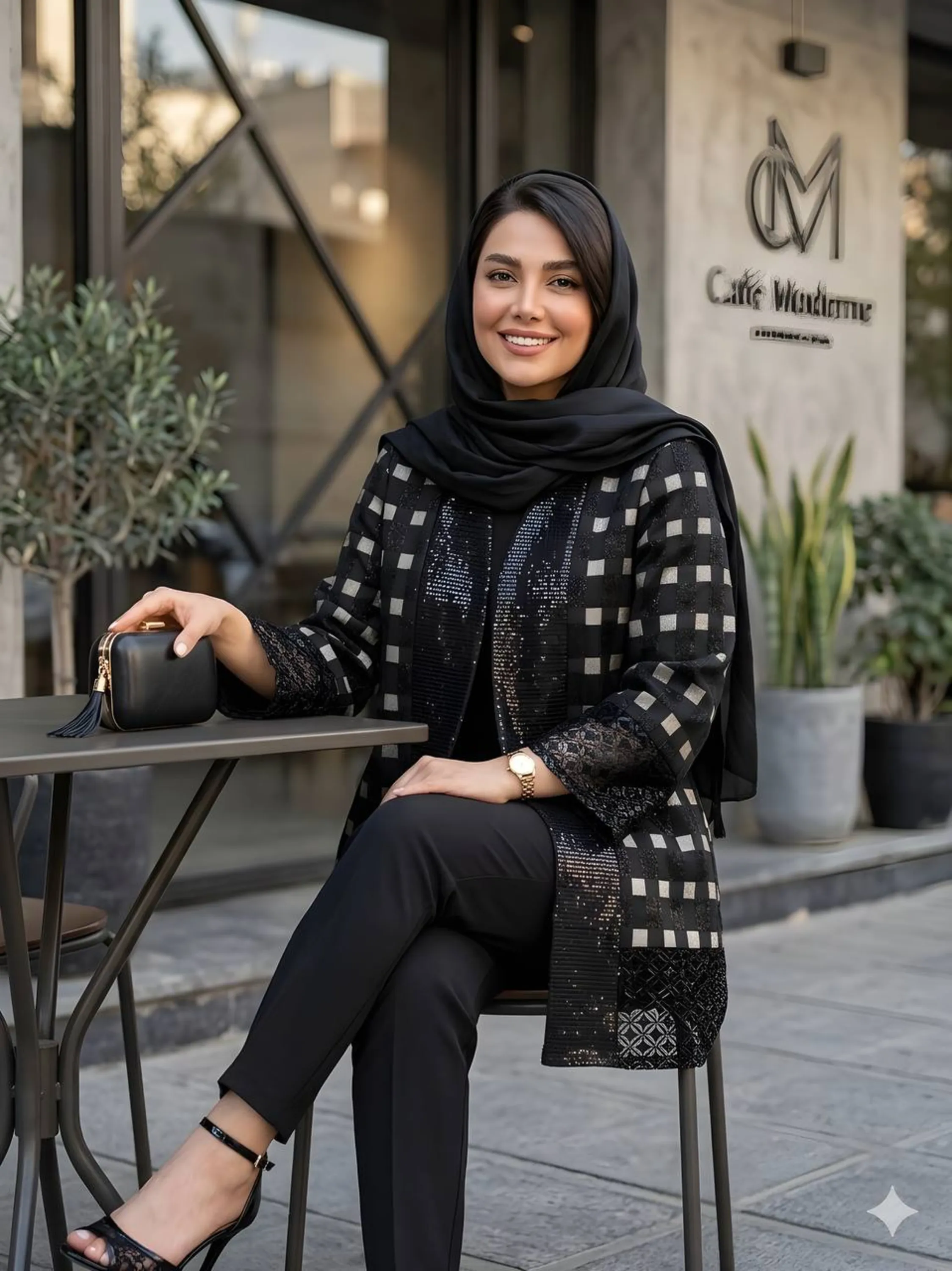 مانتو کتی ژاکارد چهارخانه نقره ای